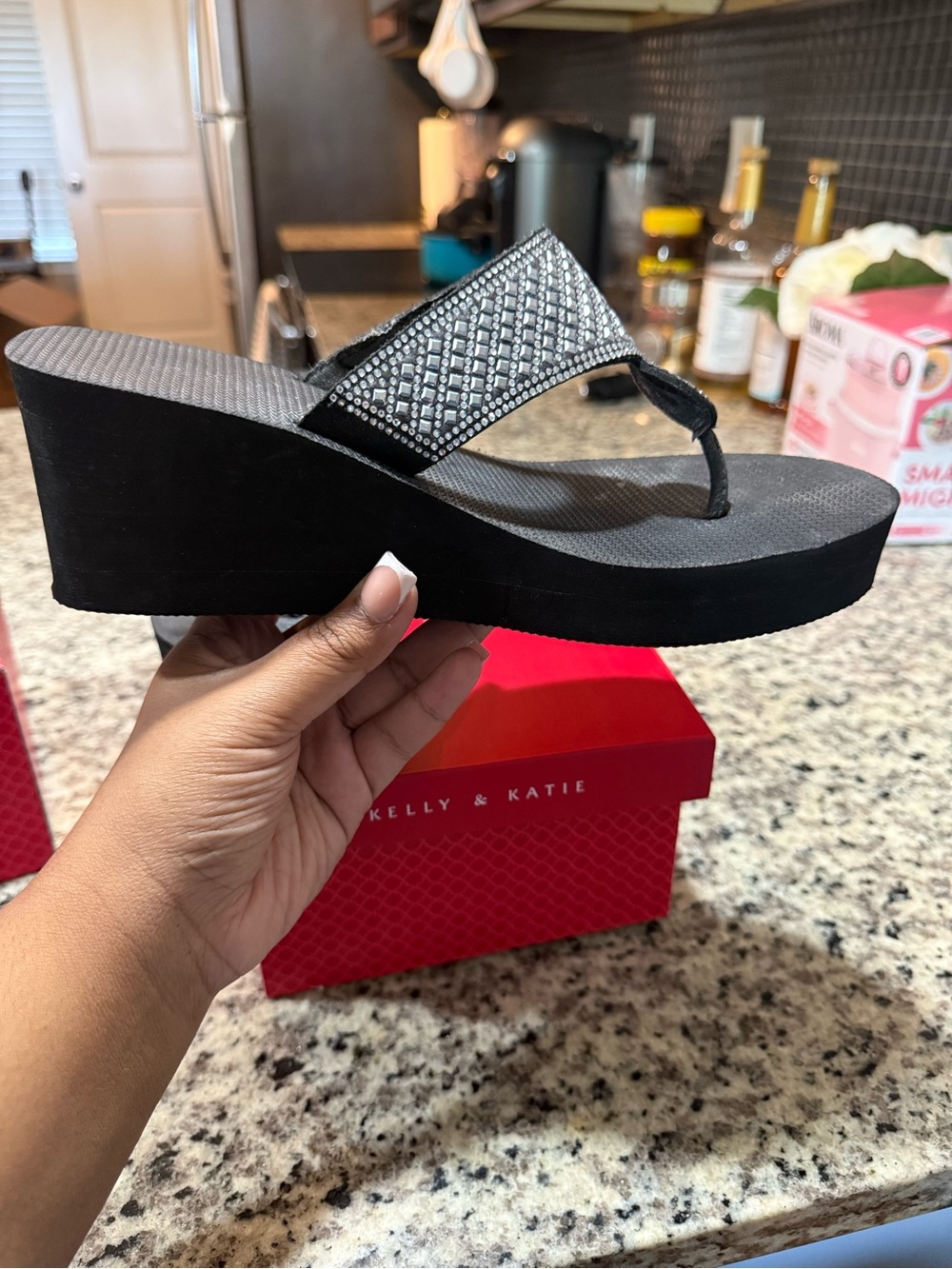 Kelly & Katie Black Wedge Thong Sandal with Crystal-Embellished Strap